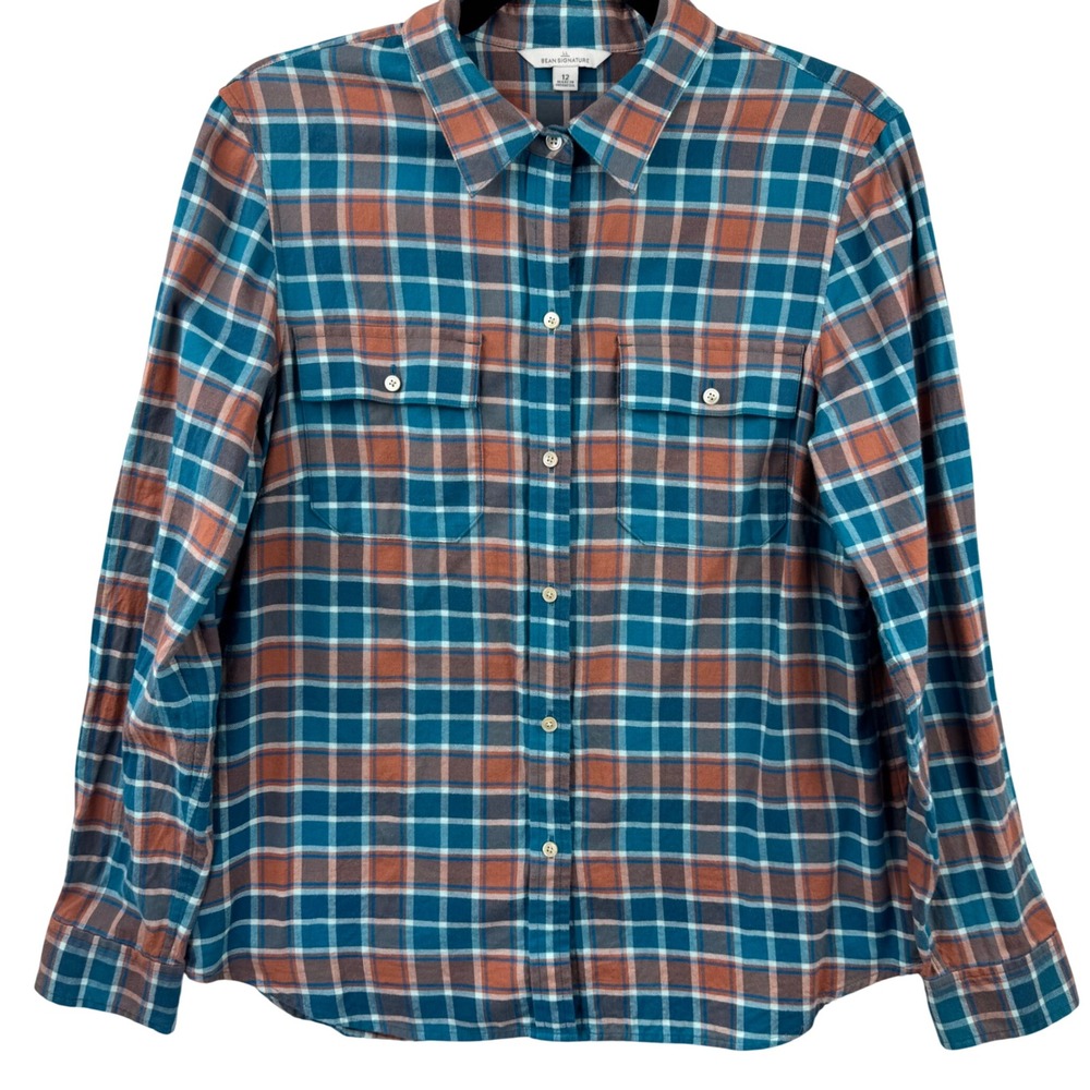 L.L. Bean Signature Flannel Shirt Womens 12 Teal Orange Plaid Cotton Gorpcore